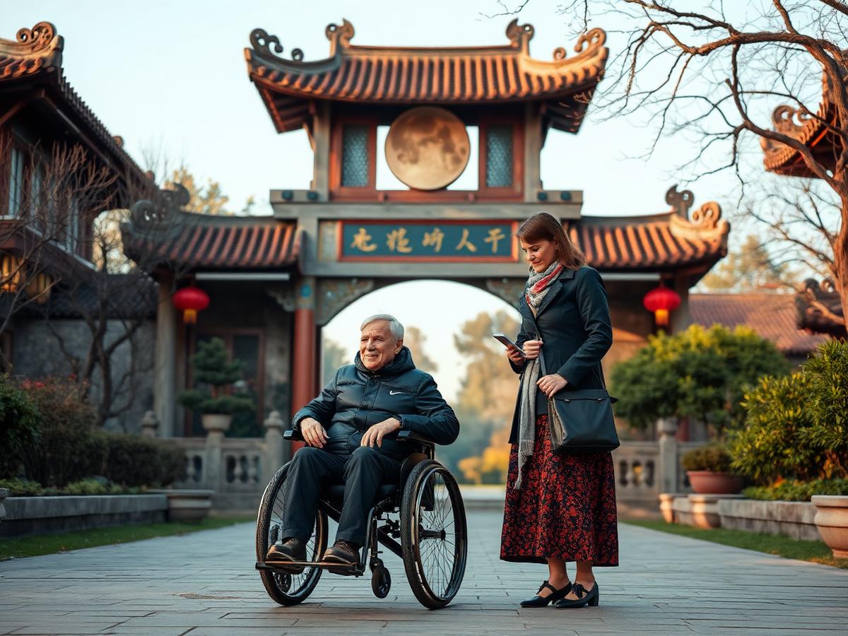 A traveller who uses a wheelchair and a companion looking towards a classical Chinese garden gateway in late light.