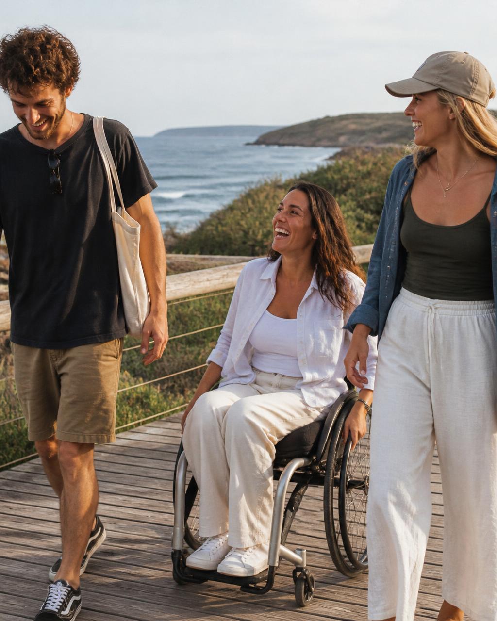 Three friends walking and laughing together along a coastal boardwalk in late afternoon light; one of them uses a wheelchair.