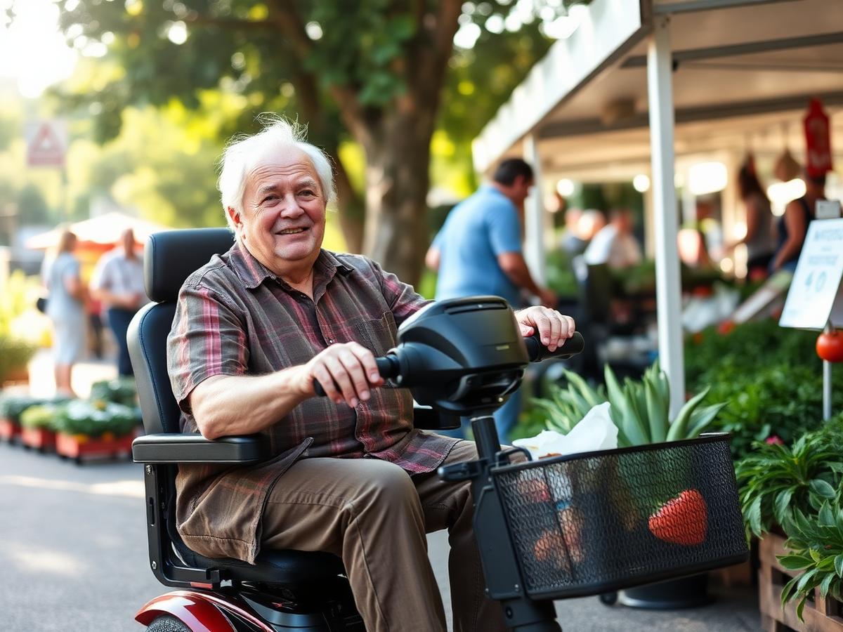 A person using a mobility scooter browsing produce stalls at a local market on a bright morning.